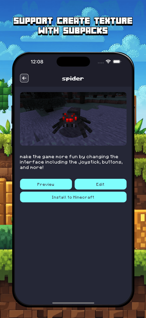 Preview of a Minecraft spider texture in the mobile editor app.