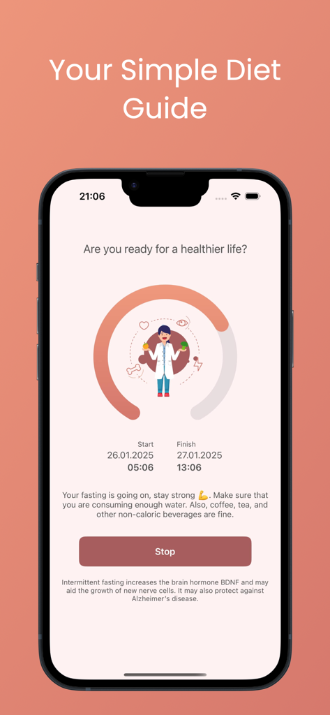 Interface of the Easy Fasting app showing an active fasting progress timer with health tips and a stop button.