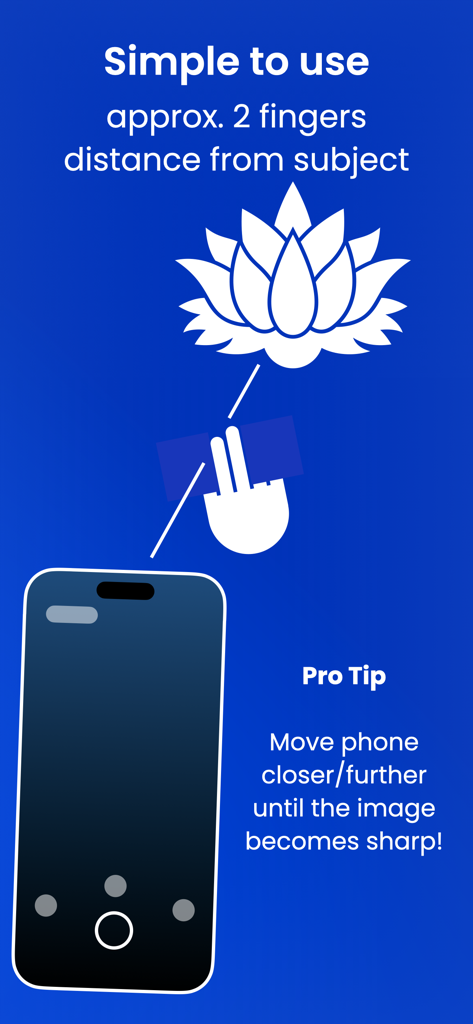An instructional graphic showing that the iPhone should be approximately two fingers distance from a subject for sharp macro photography.