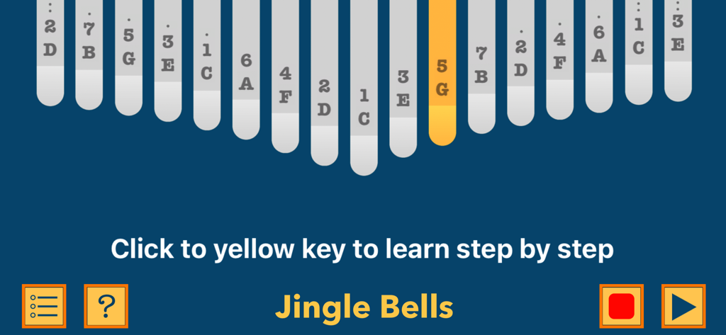 Kalimba App With Songs Numbers - Interfaz de la app Kalimba que muestra teclas numeradas y un tutorial paso a paso para Jingle Bells