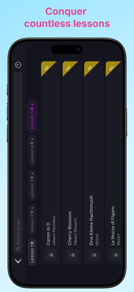 Hi Piano - Hi Piano app screen displaying a list of available piano lessons for songs like Canon in D and Eine Kleine Nachtmusik