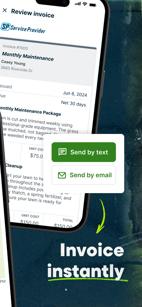 Jobber app screen for creating and sending professional invoices via text or email
