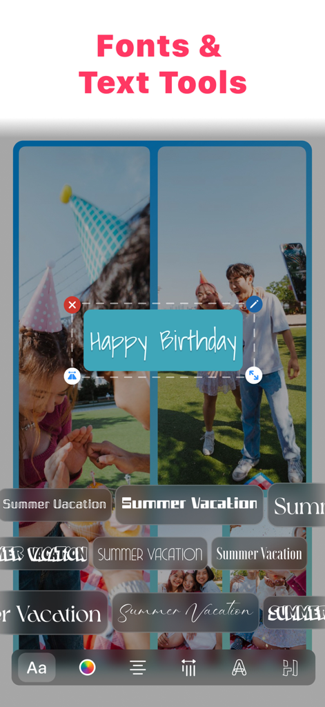 Photo Collage Maker: Collagify - Interfaz que muestra fuentes y herramientas de texto para editar collages de fotos en la aplicación Collagify.