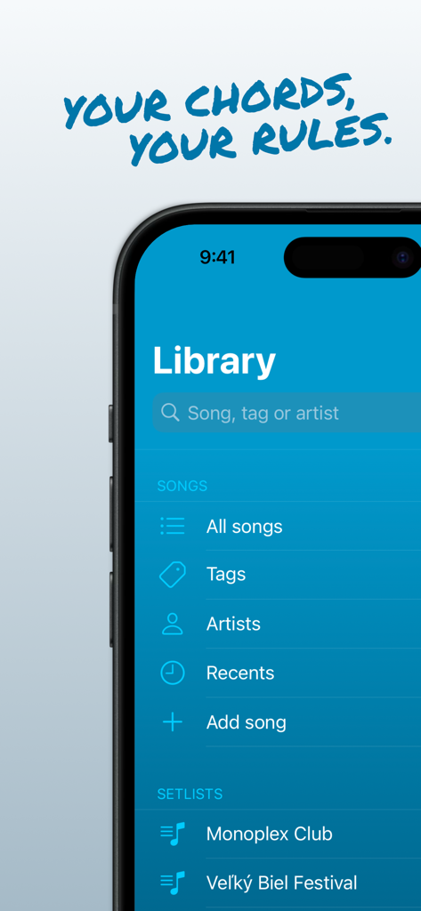 JustChords - JustChords app library screen showing song categories and music setlists
