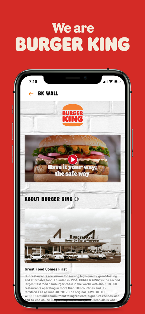 Burger King India app BK Wall screen showing brand history and original restaurant photo