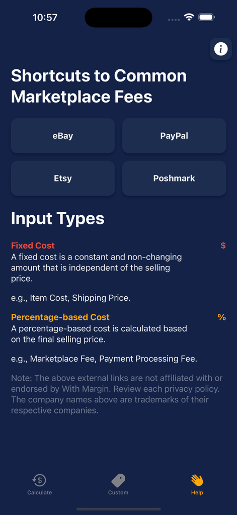 With Margin app help screen showing marketplace fee shortcuts and cost input types