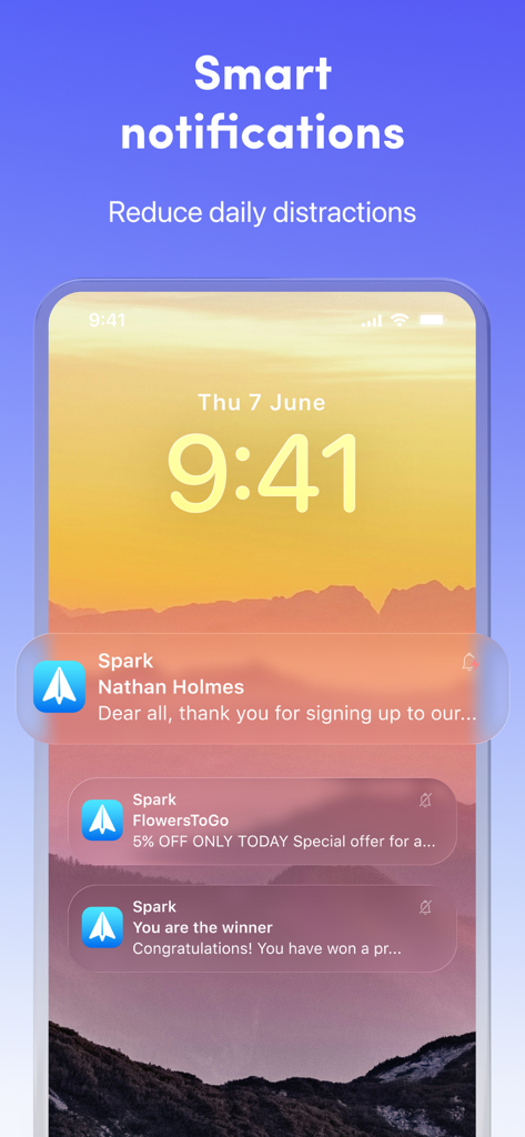 iPhoneロック画面上のSpark AIメールアプリのスマート通知、気を散らすものをフィルタリング