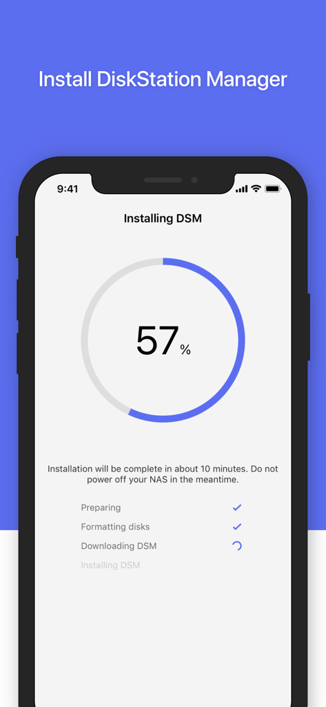 Mobile screen showing the installation progress of DiskStation Manager on a Synology NAS within the DS finder app