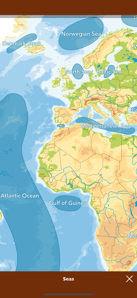 Mapa físico de Europa y África destacando mares y océanos importantes
