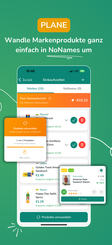 MarkenDetektive mobile App-Oberfläche, die zeigt, wie Markenprodukte in günstigere generische Alternativen auf einer Einkaufsliste umgewandelt werden
