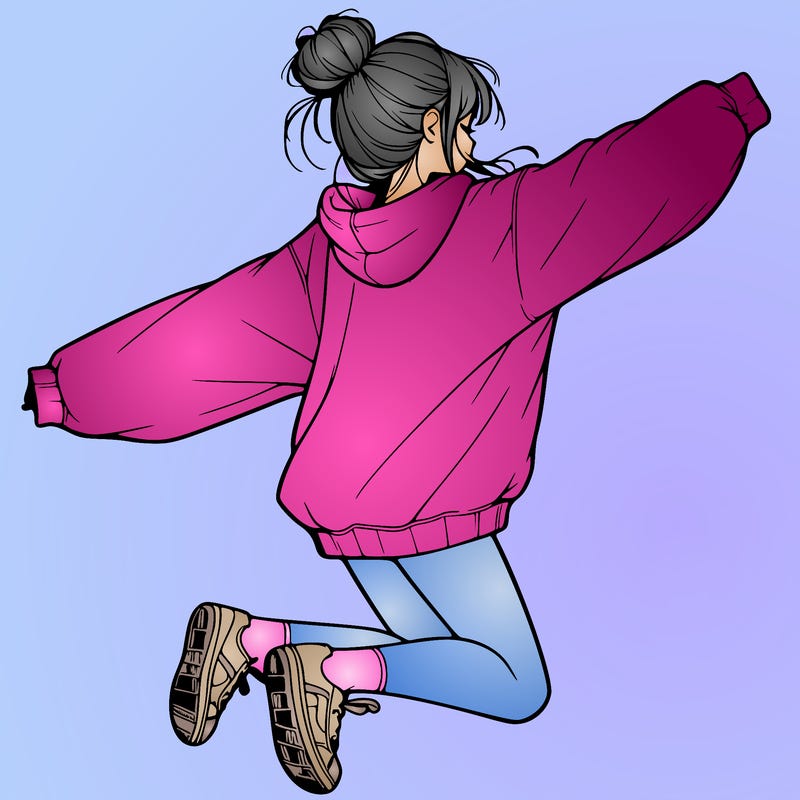 realistic girl jumping with a bun and oversized sweatshirt
