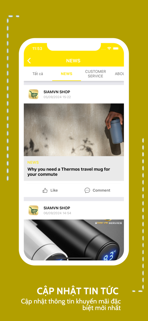 SiamVn Store - Feed de notícias do aplicativo móvel SiamVn Store mostrando atualizações de produtos e artigos promocionais em vietnamita e inglês