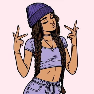 realistic teenage girl with braids and a beanie and crop top doing 🫶🏼