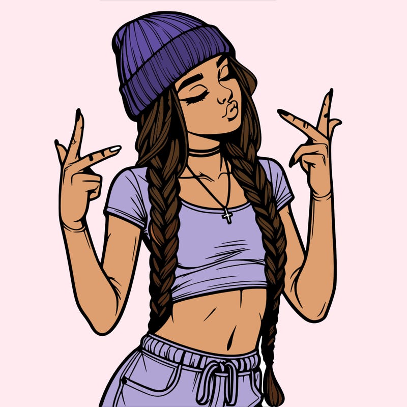 realistic teenage girl with braids and a beanie and crop top doing 🫶🏼