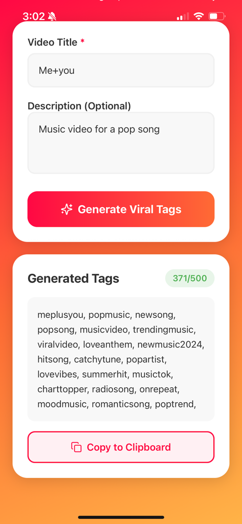 YT Tags: Hashtag Generator - Interface do aplicativo YT Tags mostrando uma lista de hashtags virais geradas para um vídeo de música do YouTube