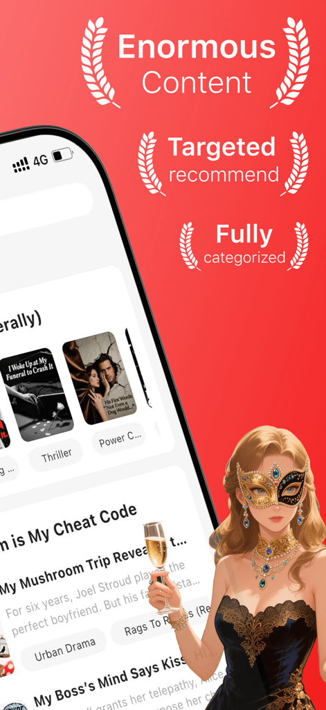 Novellia - Webnovel & Romance - A masked woman holding champagne next to an iPhone displaying the Novellia webnovel app categories.