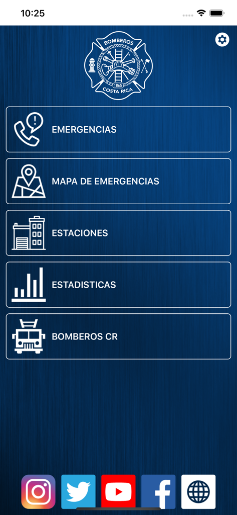 Bomberos CR - Main menu of the Bomberos CR app featuring emergency services and location maps