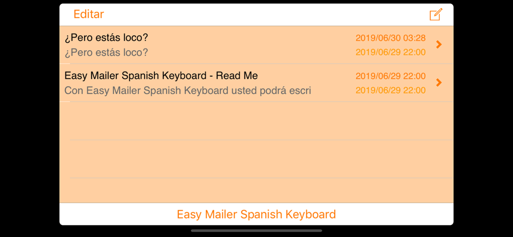 Easy Mailer Spanish Keyboard - Lista de mensajes guardados en la aplicación Teclado Español Easy Mailer