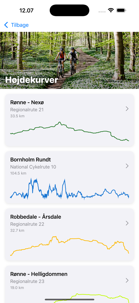 Bike Routes on Bornholm - Bildschirm der mobilen App, der Höhenprofile und Entfernungen für verschiedene Radrouten auf Bornholm anzeigt