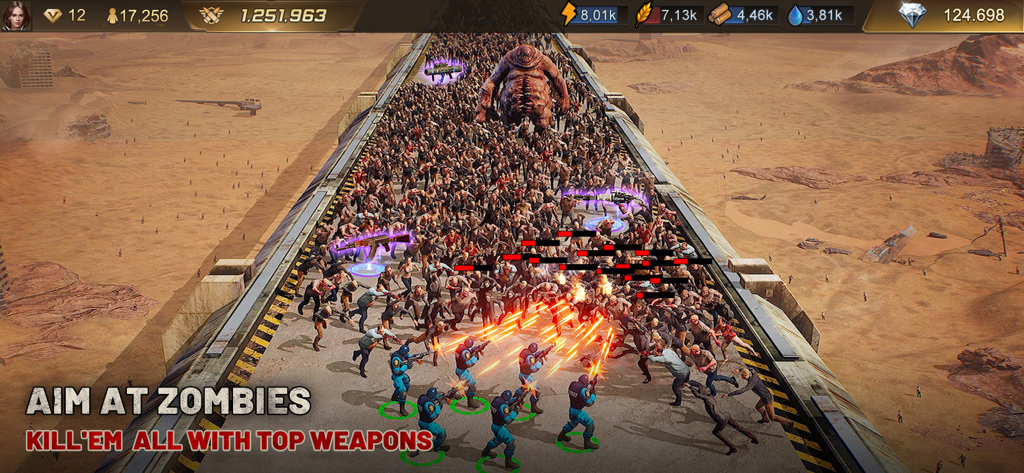 Soldiers defending a highway against a massive swarm of zombies in a desert wasteland.