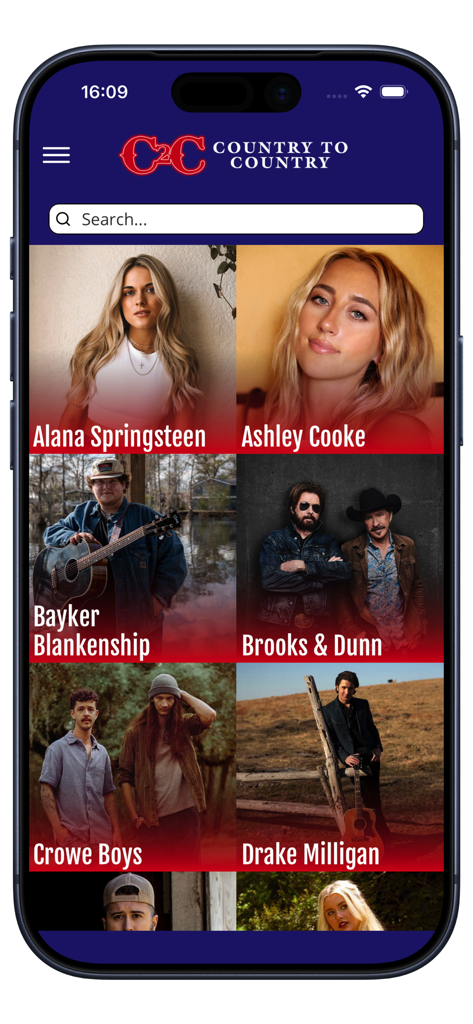 Uma tela de celular do aplicativo C2C Festival exibindo uma grade de artistas se apresentando, incluindo Brooks and Dunn e Alana Springsteen.