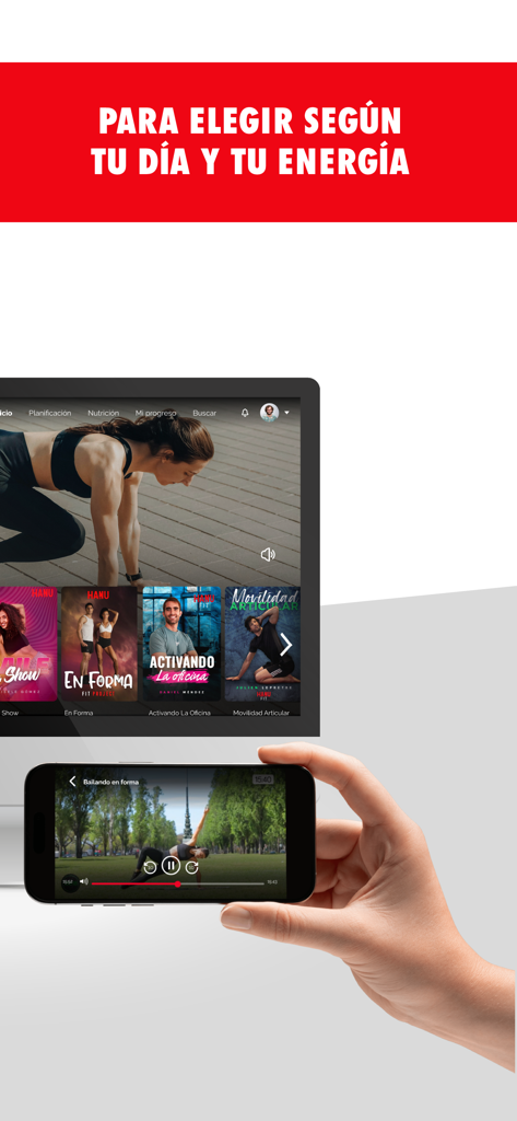 HANU Fit - HANU Fit app interface showing workout options in Spanish on mobile and desktop devices