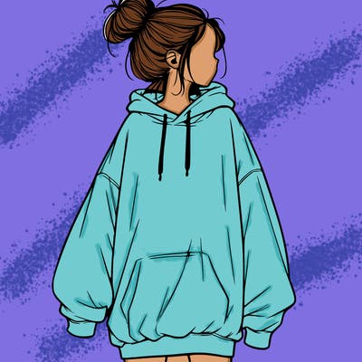 realistic girl with a oversized sweatshirt on and a bun