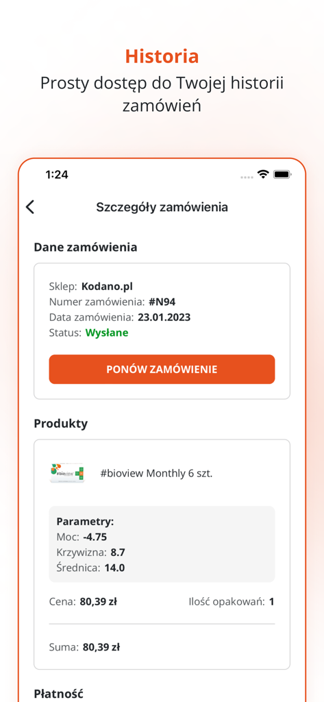 KODANO - KODANO app order history screen showing product details and a reorder button