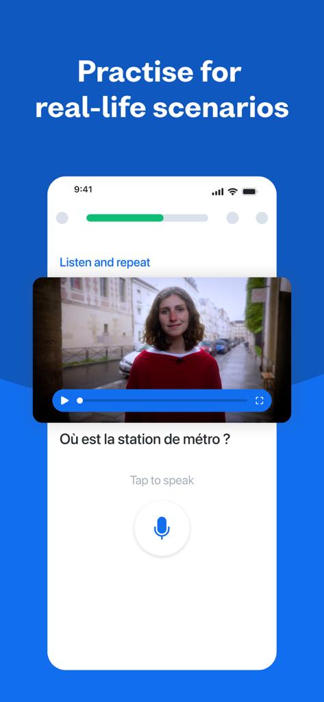 Capture d'écran de l'application Busuu affichant une leçon vidéo pour s'entraîner à des scénarios de conversation réalistes.