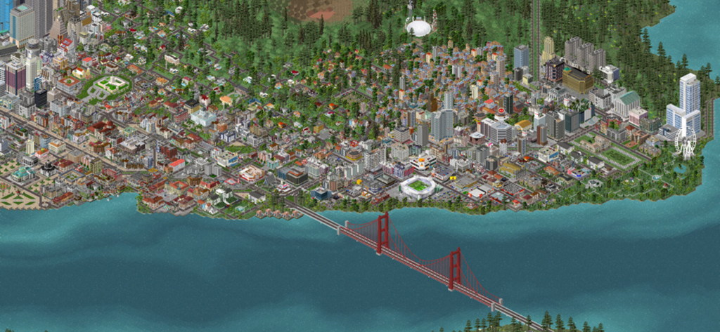 TheoTown - A sprawling isometric pixel art city featuring a large red suspension bridge over a body of water