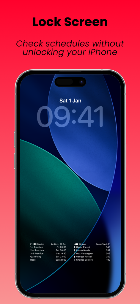 SpeedTrack F1 Widgets - iPhone lock screen displaying F1 race schedule and driver standings widgets