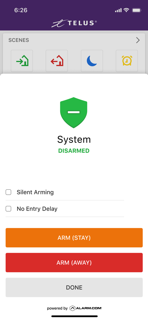TELUS SmartHome app screen displaying security system arming options for stay and away modes.