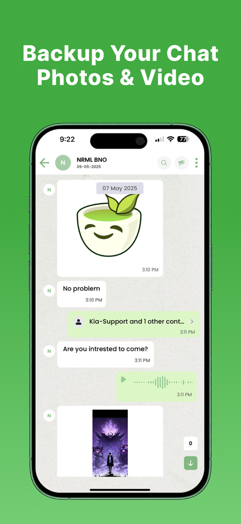 Pantalla de smartphone mostrando una interfaz de chat con fotos, texto y mensajes de voz para copia de seguridad y recuperación