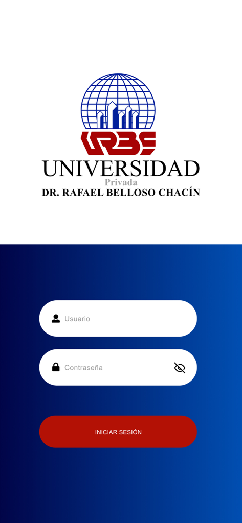 URBE - Pantalla de inicio de sesión de la aplicación móvil URBE mostrando el logo de la universidad y los campos de nombre de usuario y contraseña.