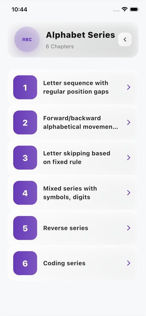 List of chapters for Alphabet Series practice in the Logical Reasoning Test Pro app