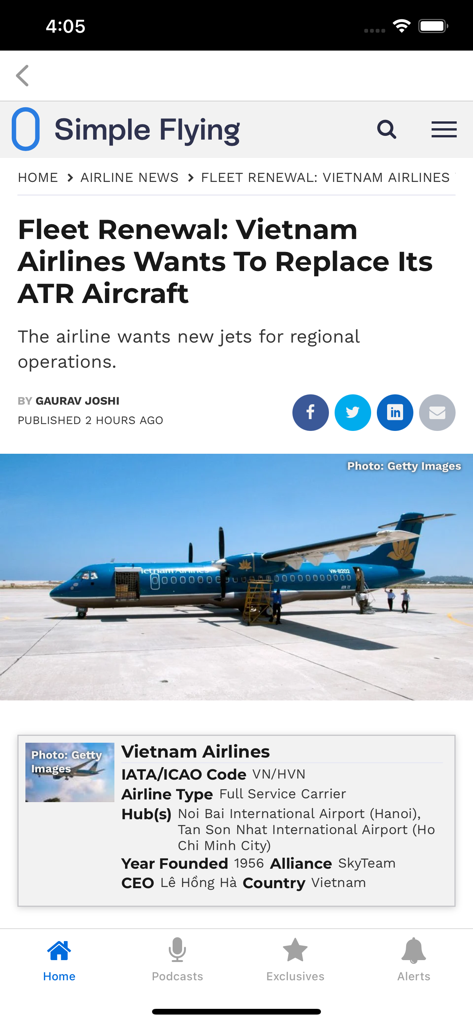 Interfaccia dell'app Simple Flying che mostra un articolo di notizie sul rinnovo della flotta di aeromobili di Vietnam Airlines.