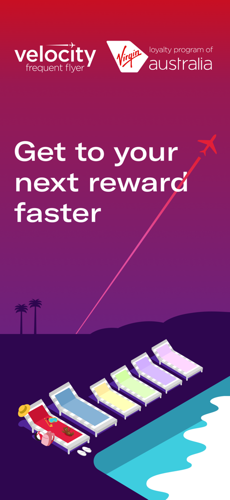 Pantalla de presentación de la aplicación Velocity Frequent Flyer con el texto 'Llega más rápido a tu próxima recompensa' sobre una ilustración de escena de playa.