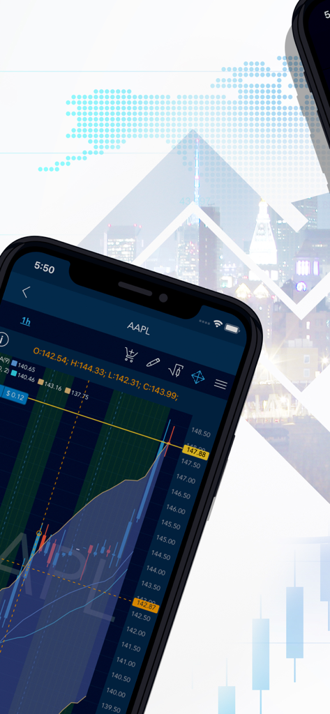 La aplicación móvil Trade The Pool muestra un gráfico profesional del mercado de valores