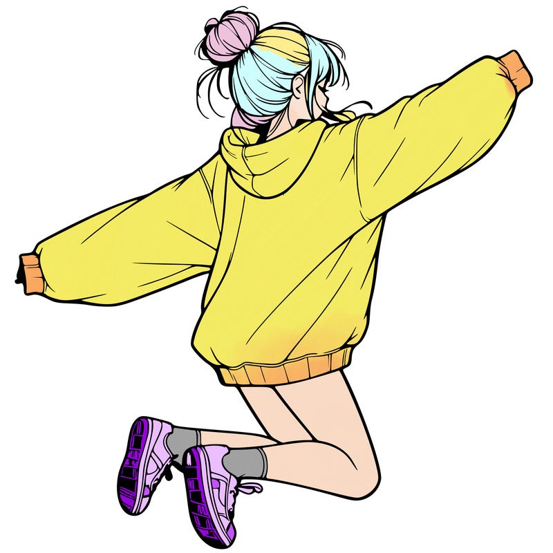 realistic girl jumping with a bun and oversized sweatshirt