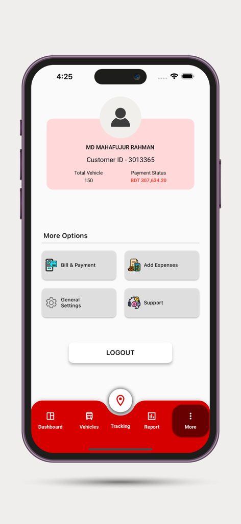 M2M Vehicle Tracking System - User account and settings screen of the M2M Vehicle Tracking System showing fleet details and payment status