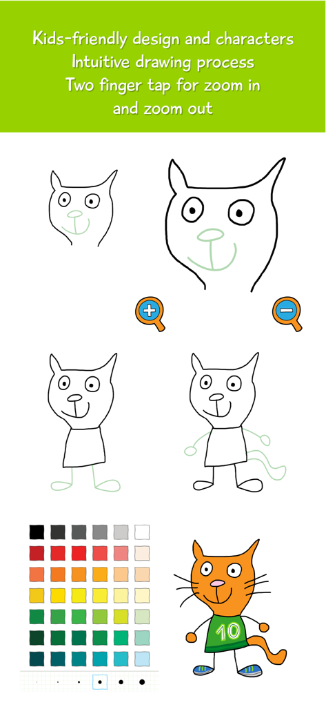 How to Draw a Cat Step by Step - Tutorial paso a paso que muestra cómo dibujar y colorear un personaje de gato de dibujos animados en una interfaz de aplicación amigable para niños