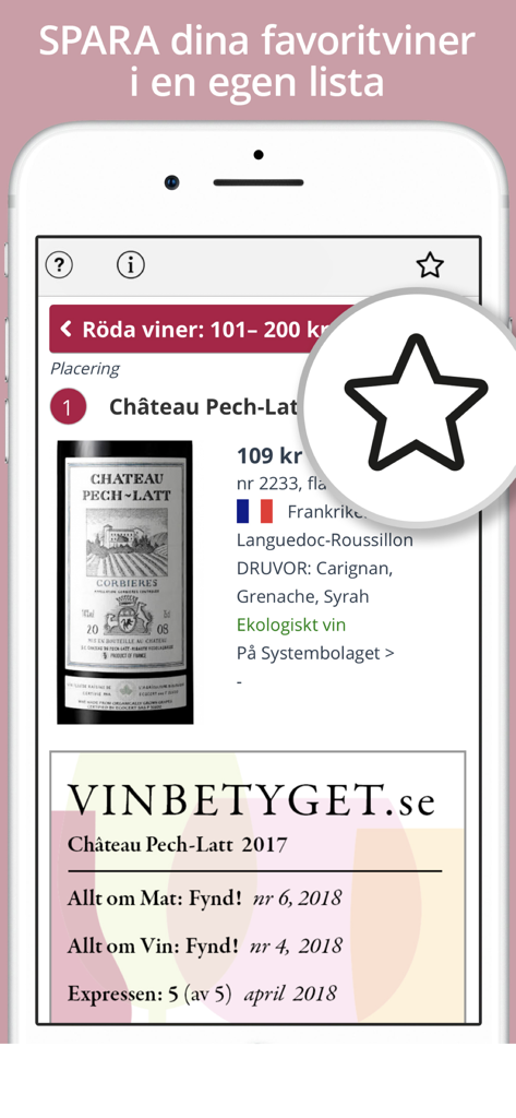 VinBetyget - VinBetygetアプリのモバイルインターフェースに、Chateau Pech-Lattのワイン詳細が表示され、お気に入りリストに保存するオプションが表示される