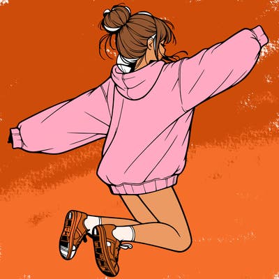 realistic girl jumping with a bun and oversized sweatshirt