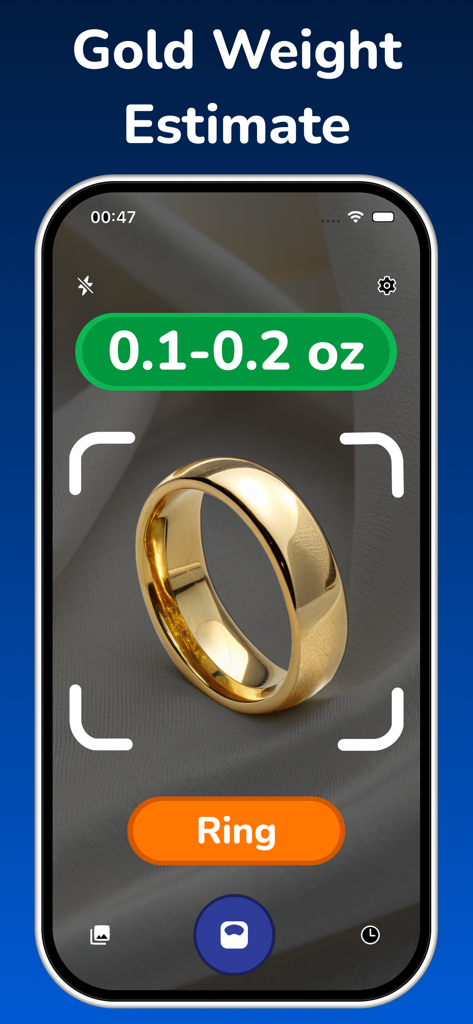 Scale For Grams - AI Estimate - Interfaz de smartphone que muestra la estimación de peso por IA de un anillo de oro en onzas