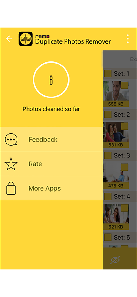 Remo Duplicate Photos Remover side menu showing photos cleaned counter and storage management options