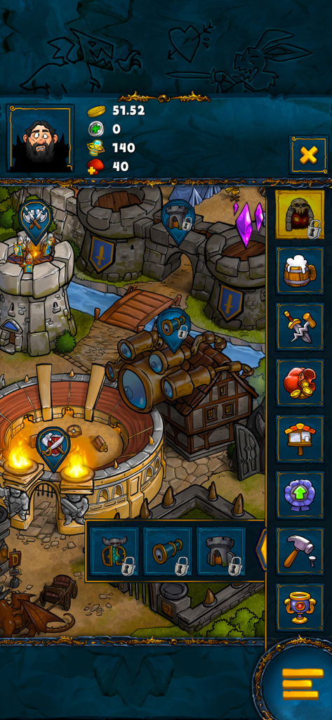 Shakes and Fidget: Idle RPG - Fortress management view in Shakes and Fidget showing comic style buildings and arena