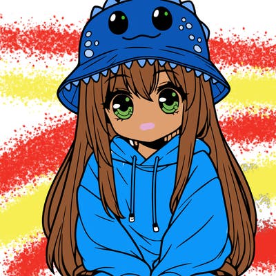 girl with anime shaped eyes with a dinosaur bucket hat oversized sweatshirt long straight hair