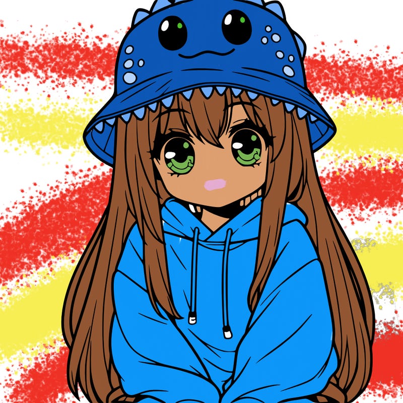 girl with anime shaped eyes with a dinosaur bucket hat oversized sweatshirt long straight hair