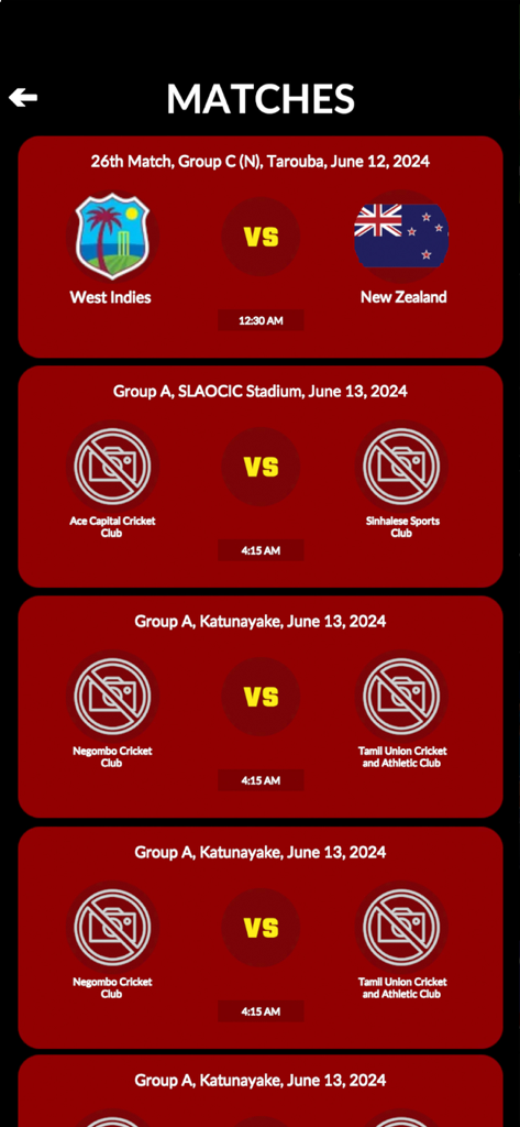 Interface showing upcoming cricket matches and schedules on the Ten Sports app