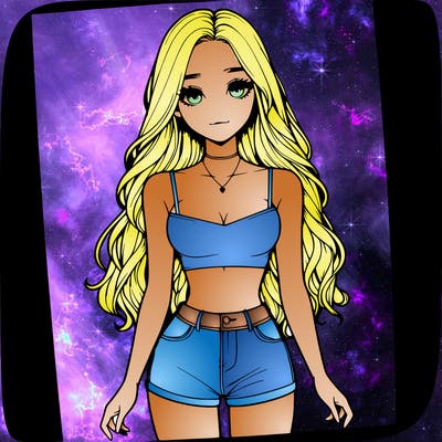 a realistic girl with long hair and in a crop top and shprts